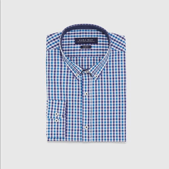 ZARA Men's Plaid Slim Fit Shirt Turquoise Blue - Picture 5 of 11